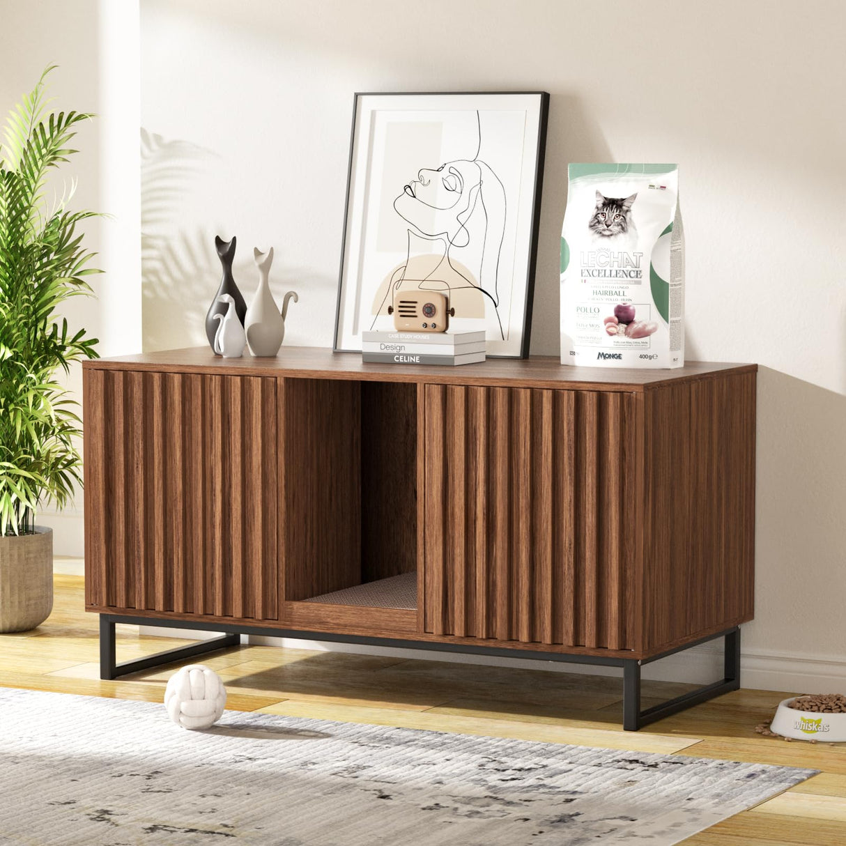 Vabches 47.2” Large Cat Litter Box Enclosure with Scratch Pad, Double Hidden Wooden Indoor Cat House, TV Stand Side Table Pet Washroom Furniture for 2 Cats, Walnut Vabches