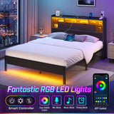 Rolanstar Queen Bed Frame with Headboard, LED Bed with Bookcase Storage and Charging Station, Metal Platform Bed with Glass Shelves, No Box Spring Needed, Noise-Free, Black Rolanstar