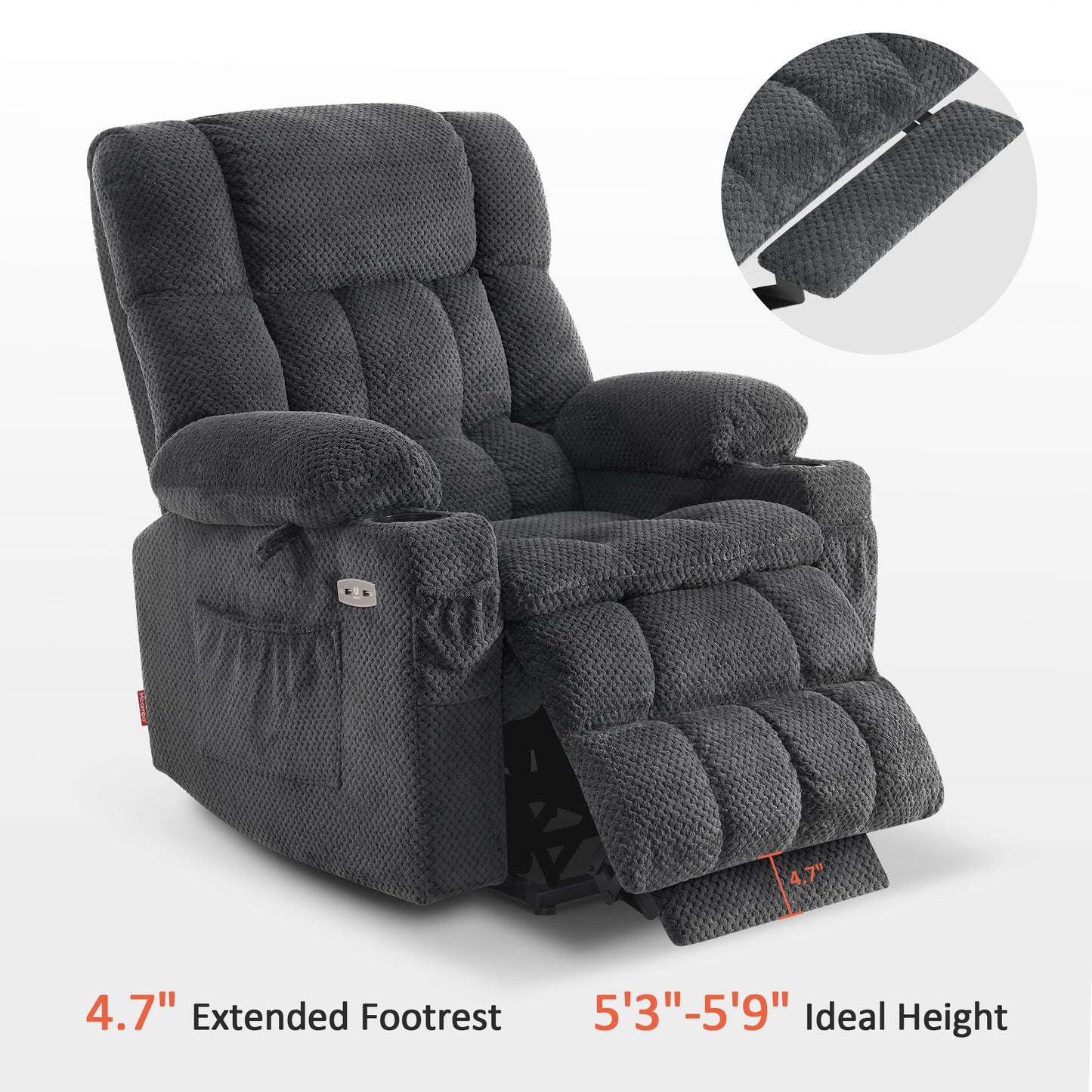 MCombo Dual Motor Power Lift Recliner Chair with Massage and Heat for Elderly People, Infinite Position, USB Ports, Cup Holders, Fabric 7890 (Medium-Regular, Dark Grey)