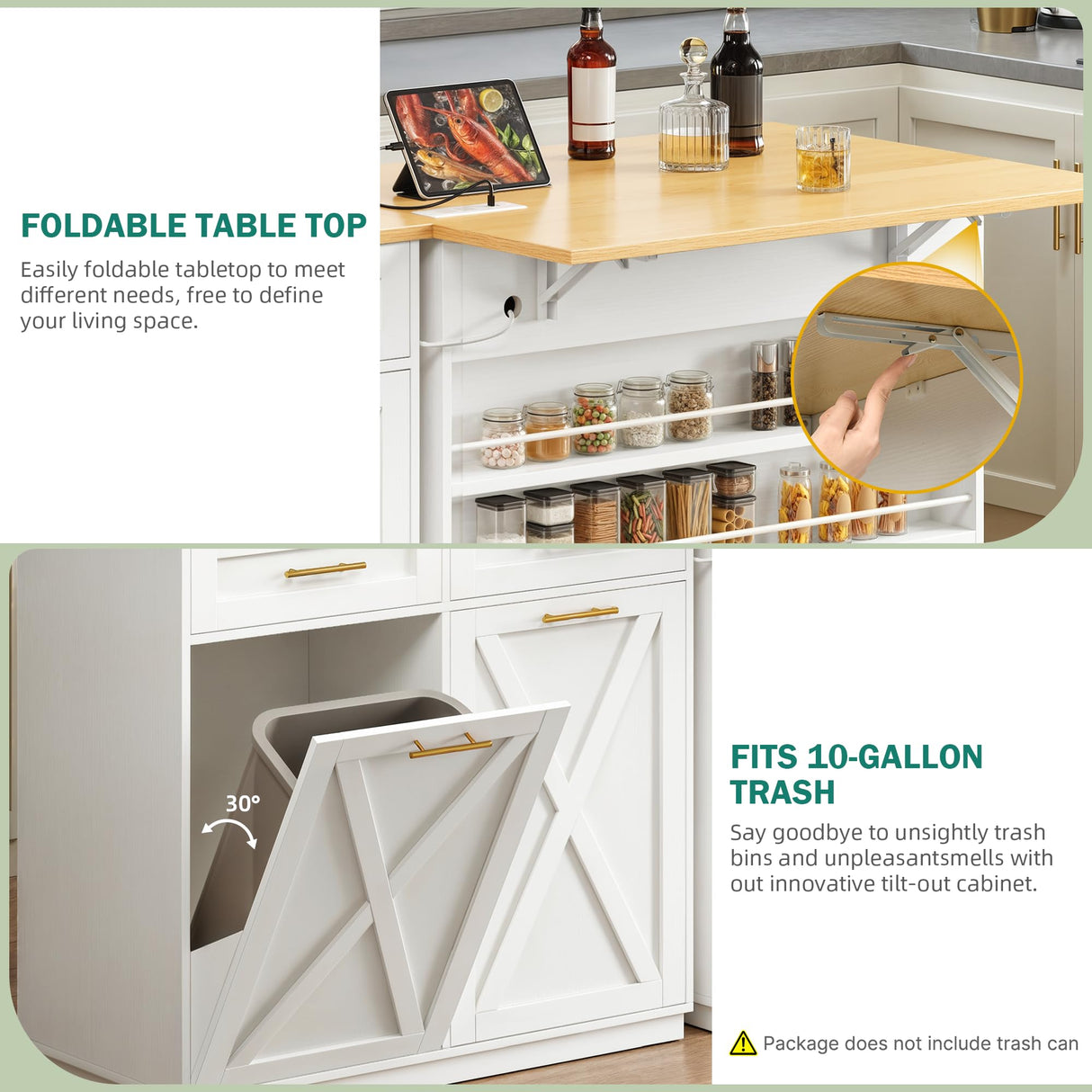 YITAHOME Double Tilt Out Trash Cabinet 10 Gallon with Drop Leaf & Power Outlet, Rolling Kitchen Island Trash Can Recycling Cabinet w Drawer, Pet Proof Garbage Bin Storage for Kitchen, White Oak YITAHOME