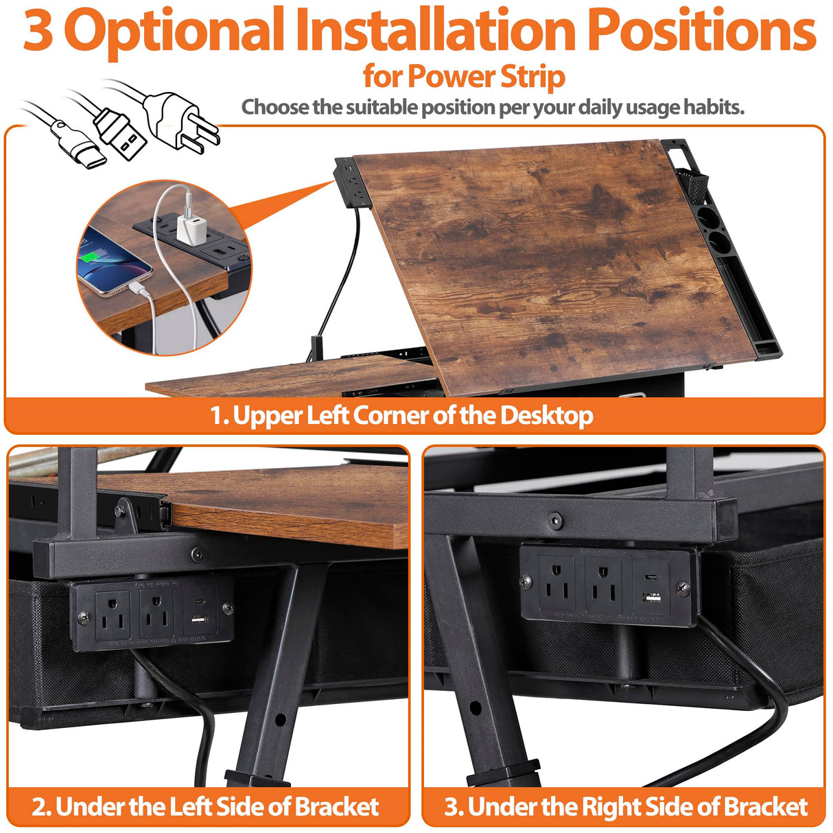 Nouva Adjustable Drafting Table Drawing Table w/Power Outlets (2AC, USB, Type-C), Multifunctional Tilting Art Craft Artists Desk w/Stool, 2 Drawer for Home Office, Rustic Brown Nouva