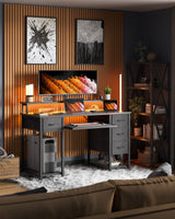 TIQLAB Computer Desk with Drawers and Power Outlets, 47 Inch Gaming Desk with LED Lights, Home Office Desk with Monitor Stand and Keyboard Tray, Study Writing Work Desk for Home Office, Black TIQLAB