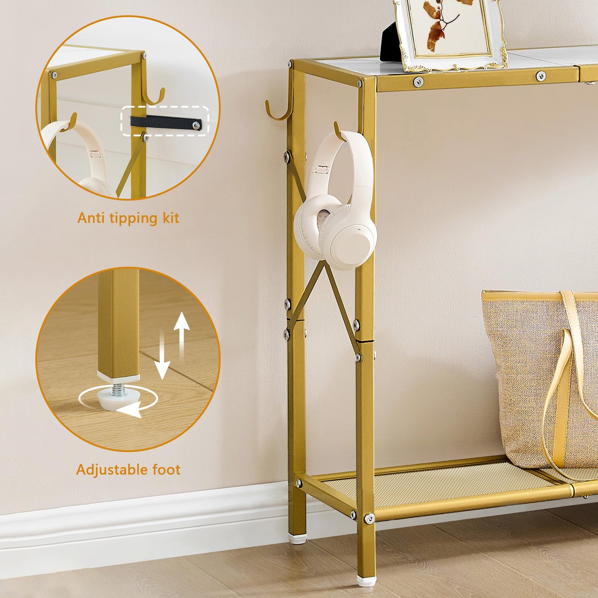 Gewudraw Gold Console Table, 2 Tier Narrow Entryway Table with Shelves and Hooks, Couch Table Behind Sofa, Entrance Table with Golden Frame for Entryway, Hallway, Foyer - WoodArtSupply