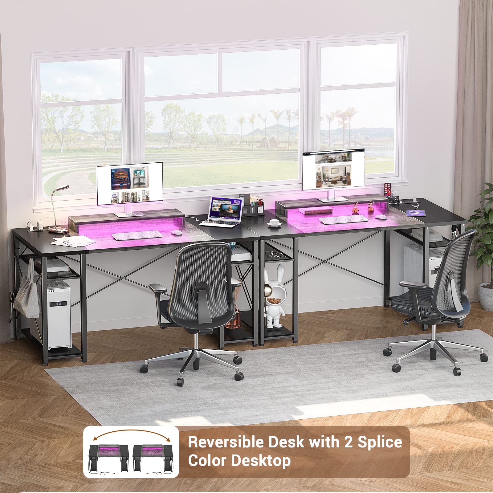 armocity Computer Desk with LED Lights, 55 Inch Desk with Power Outlet and USB, Reversible Large Desk with Moveable Monitor Stand, 55.2'' Gaming PC Table for Home Office, Workstation, Grey an - WoodArtSupply