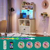 DWVO Kitchen Pantry Cabinet,Microwave Stand with Power Outlet,Food Pantry Hutch with LED Lights,Coffee Bar Cabinet with Storage,Farmhouse Buffet Sideboard with LED Lights, Off White+Walnut Grain DWVO