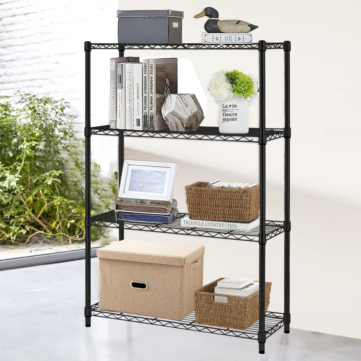 Vnewone 4-Tier Storage Shelves Large Wire Shelving Unit NSF Metal Garage Shelving 54”x36”x14” 1000 LBS Capacity Heavy Duty Height Adjustable Commercial Grade Utility Steel Rack with Wheels,Black Vnewone