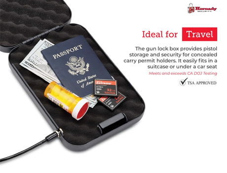 Hornady Portable Lock Box for Guns and Valuables - Includes 2 Keys and 4 Foot Steel Cable - Thick 16 Gauge Steel - An Ideal Portable Car Lock Box or Truck Safe - Large, Black, 9.5 x 6.5 x 1.75 Inches Hornady