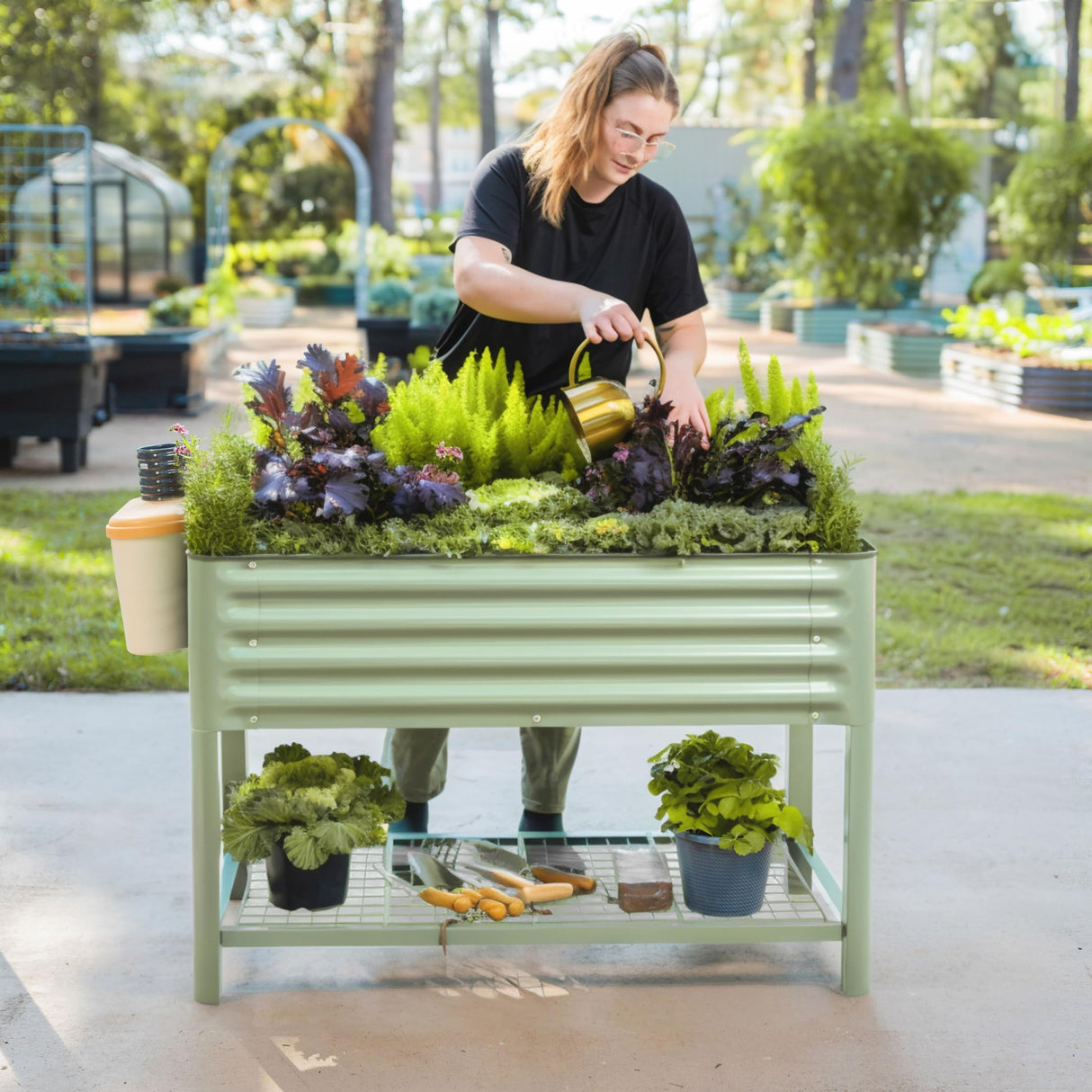 Elevated Raised Garden Bed-V Series, 2' x 4' Garden Beds with Legs & Storage Rack for Patio Porch, 700 Lbs Weight Capacity, Outdoor Planter Boxes for Gardening Herbs Vegetables Flowers, Olive Green Vego garden