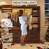 Farmhouse 4 Doors Armoire Wardrobe Closet w/Folding Sliding Barn Door and Lights, LED Armoire Closet w/Drawers for Bedroom, Freestanding Wooden Wardrobe Storage Closets w/Hanging Rod,Rustic Brown jiteentarou