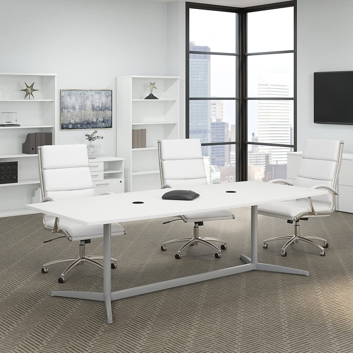 Bush Business Furniture Conference Table for 6-8 People with Sturdy Metal Base in White | Boat Shaped 8 Foot Meeting Desk for Office Boardrooms | 96Wx42D Bush Business Furniture