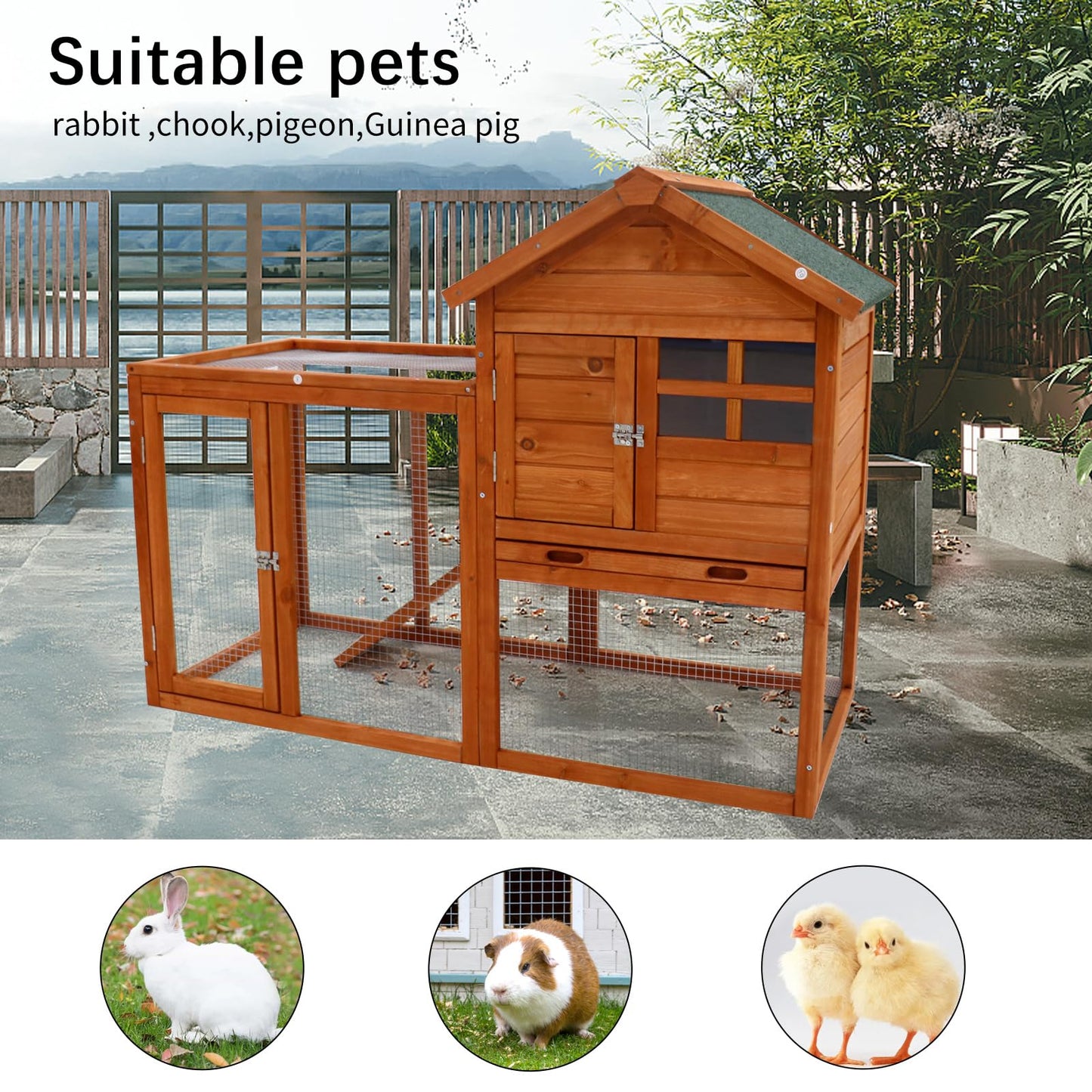 Fuhomtre Pets Coop Super Strength Natural Solid Wood Rabbit Hutch Pet House Chicken Nesting Box (47.8”L X 24.4”W X 36.3”H) Natural One Size - WoodArtSupply