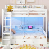 RUNNA Twin Over Full Bunk Bed with Storage Shelves, LED, Charging Station and a Drawer, Solid Wood Bunk Bed for Kids, Teens, Adults (White/LED) RUNNA