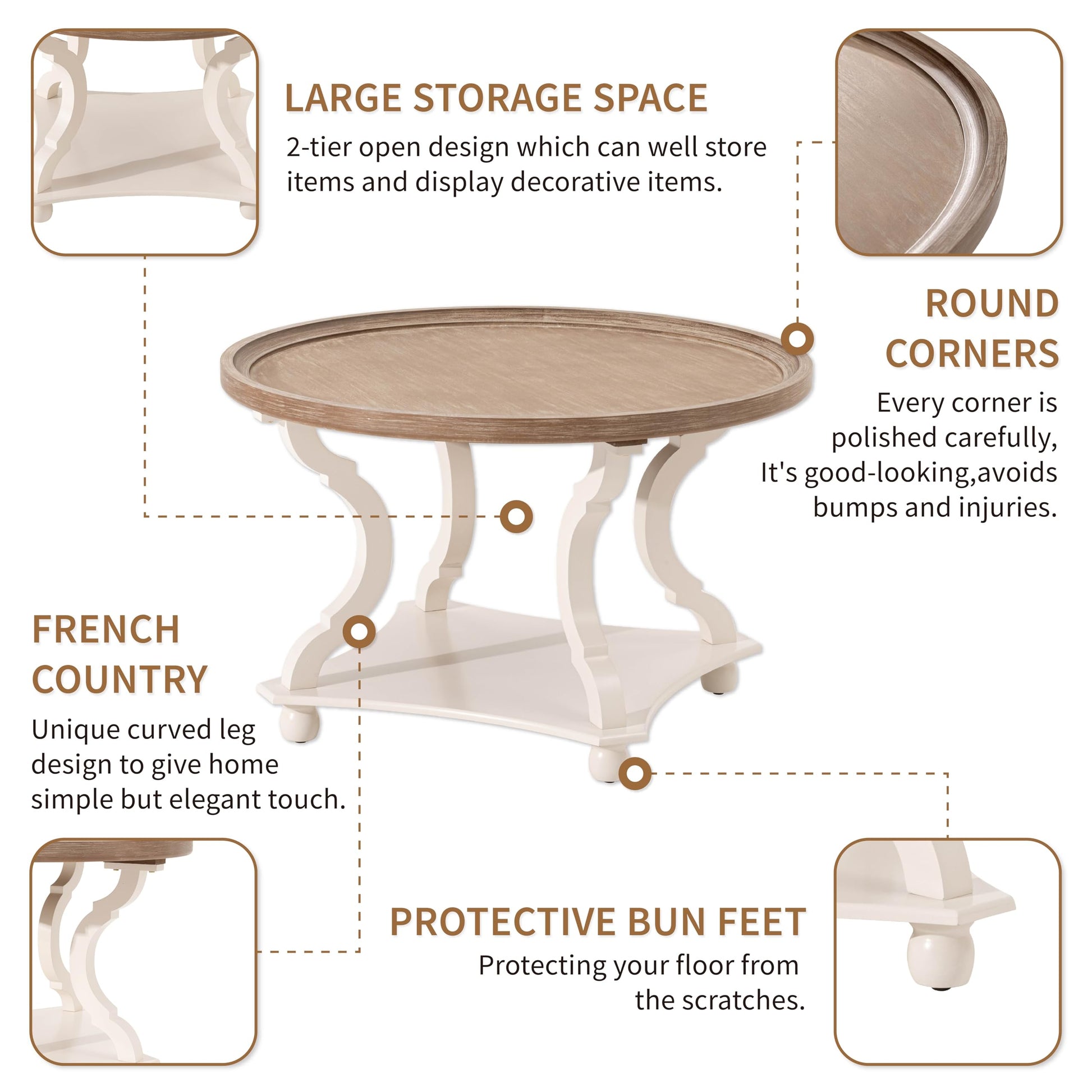 COZAYH Round Farmhouse Coffee Table with Handmade Finish, Wood Tray Top Rustic Coffee Table for Added Thickness, Accent Table with Storage for Living Room, Small Place, White, Circle - WoodArtSupply