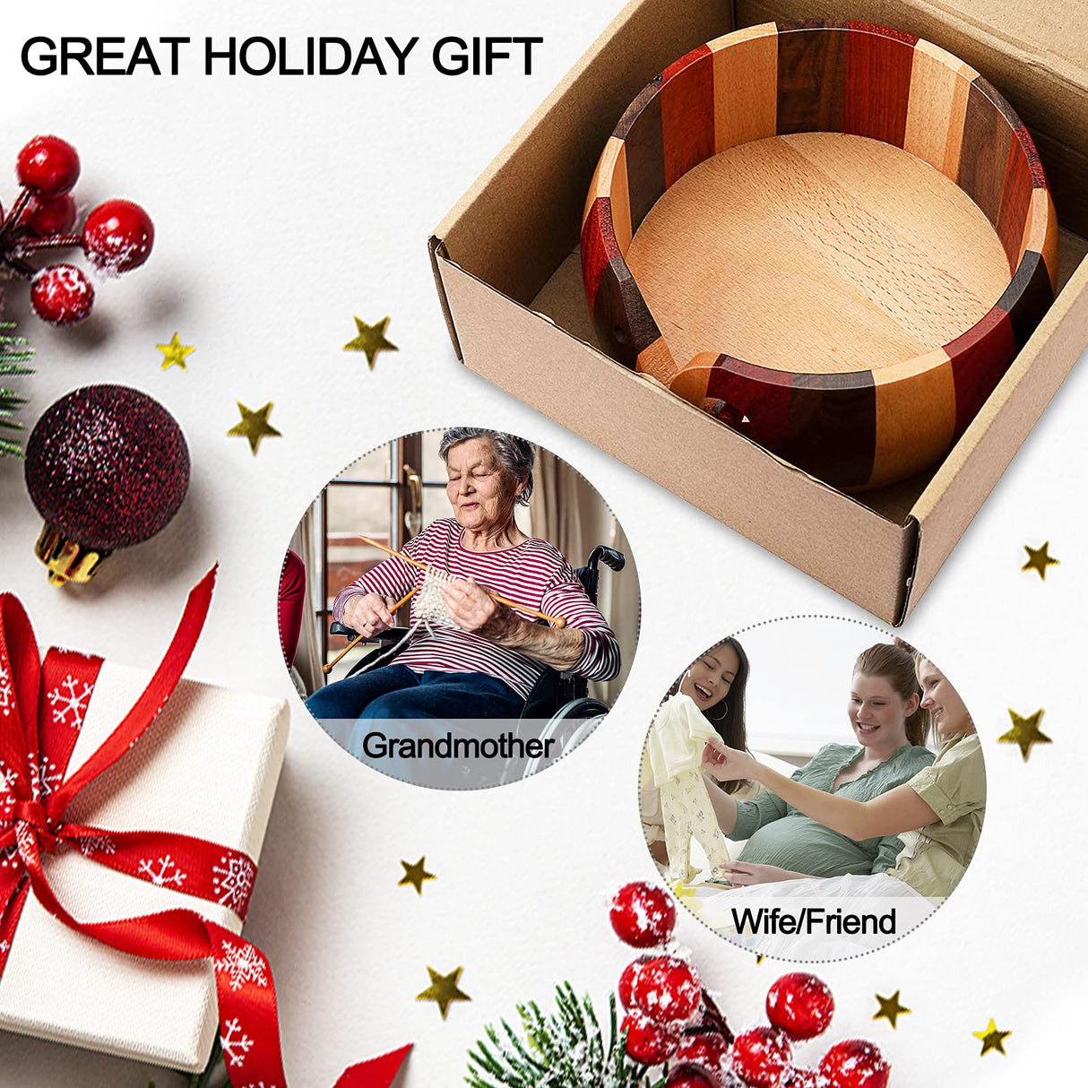 Coopay Wool Yarn Bowl Rosewood, Handmade Wooden Yarn Storage Bowl With Holes, Knitting Wool Storage Bowl Round - Ideal Knitting Crochet Accessories for Knitters Coopay