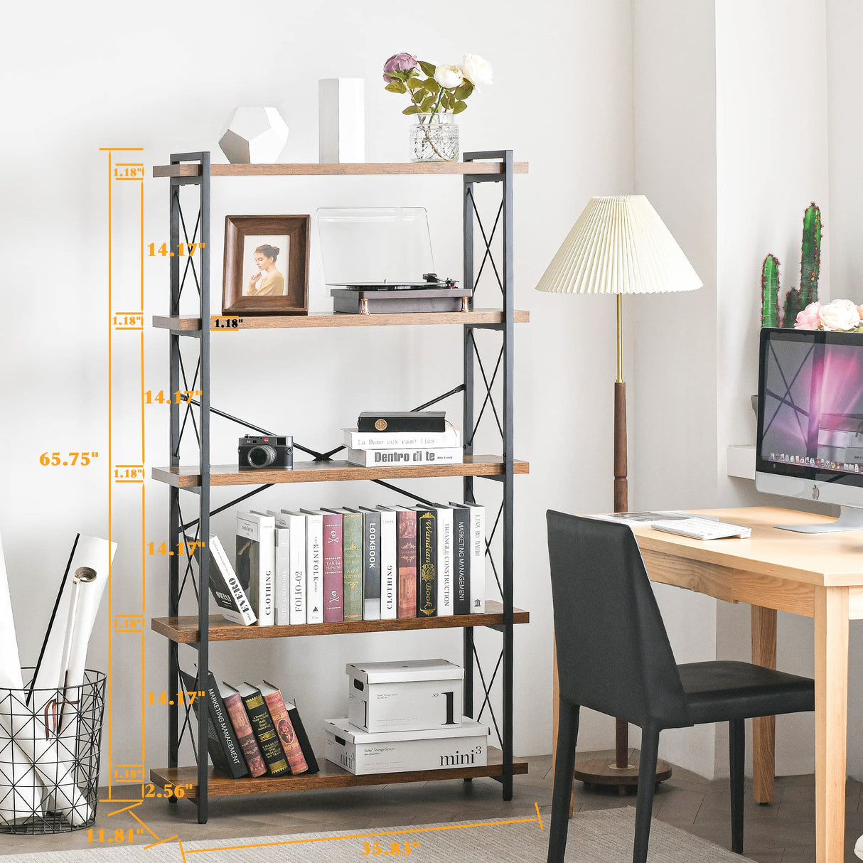 HCHQHS Bookshelf, 5-Tier Industrial Bookcase, Rustic Open Book Shelf, Freestanding Tall Bookshelves with Metal Frame HCHQHS