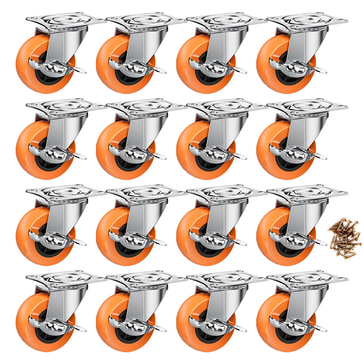 2 Inch Casters, ASHGOOB Caster Wheels with Side Brake, Locking Casters Set of 16, Industrial/Furniture Swivel Plate Caster Wheels for Workbench and Carts, Orange Polyurethane (PU) Castors (16 Pack) ASHGOOB