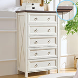 OKYCI Farmhouse 5 Drawer Dresser, Tall Dressers for Bedroom, Wood Chest of Drawers with 1.2" Thickened Top - 31.5" W * 48" H, Antique White OKYCI