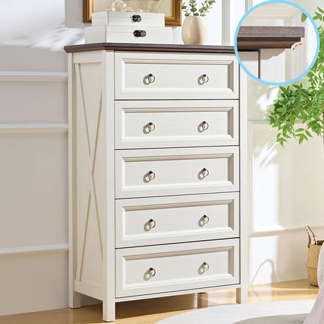 OKYCI Farmhouse 5 Drawer Dresser, Tall Dressers for Bedroom, Wood Chest of Drawers with 1.2" Thickened Top - 31.5" W * 48" H, Antique White OKYCI