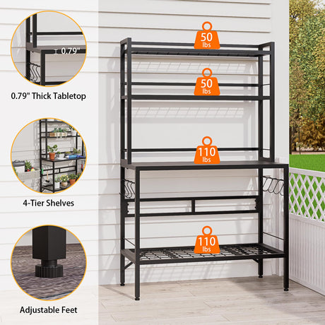 FUXJUM 63” Metal Potting Bench&Table with Metal Tabletop, 4-Tier Plant Shelves, 8 Side Hooks, Outdoor/Indoor Gardening Workstation and Plant Stand, Black FUXJUM