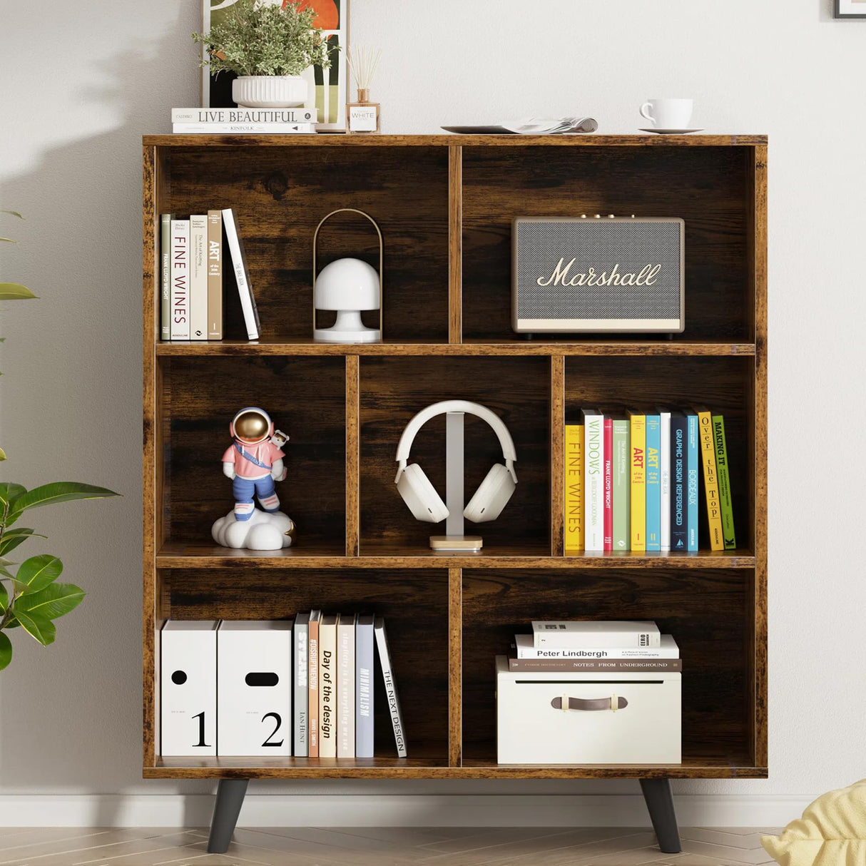 Vongrasig 7 Cube Bookshelf, 3 Tier Mid-Century Modern Bookcase with Legs, Wooden Bookshelf Storage Organizer Display Bookcase for Bedroom, Living Room, Office, Rustic Brown Vongrasig