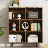 Vongrasig 7 Cube Bookshelf, 3 Tier Mid-Century Modern Bookcase with Legs, Wooden Bookshelf Storage Organizer Display Bookcase for Bedroom, Living Room, Office, Rustic Brown Vongrasig