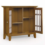 SIMPLIHOME Bedford SOLID WOOD 32 inch Wide Transitional Low Storage Media Cabinet in Light Golden Brown, with 2 Tempered Glass Doors, 2 Adjustable Shelves SIMPLIHOME