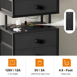 REAHOME Night Stand with Charging Station and LED Light, 4 Fabric Drawers Black Bedside Table with Open Shelf, Modern End Table with Wooden Top for Bedroom, Living Room, Hallway - Black Gery REAHOME