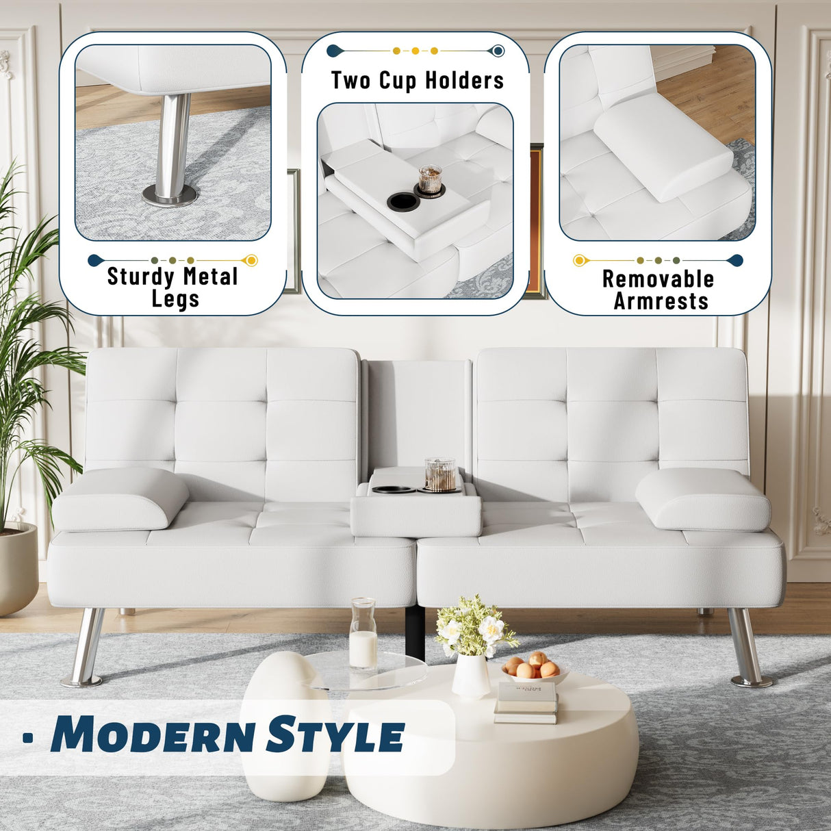 Furmax Futon Sofa Bed Adjustable Futon Couch Sleeper Sofa Bed for Living Room, Business Office, Recliner Sofa with Cup Holders (PU Leather, White) Furmax