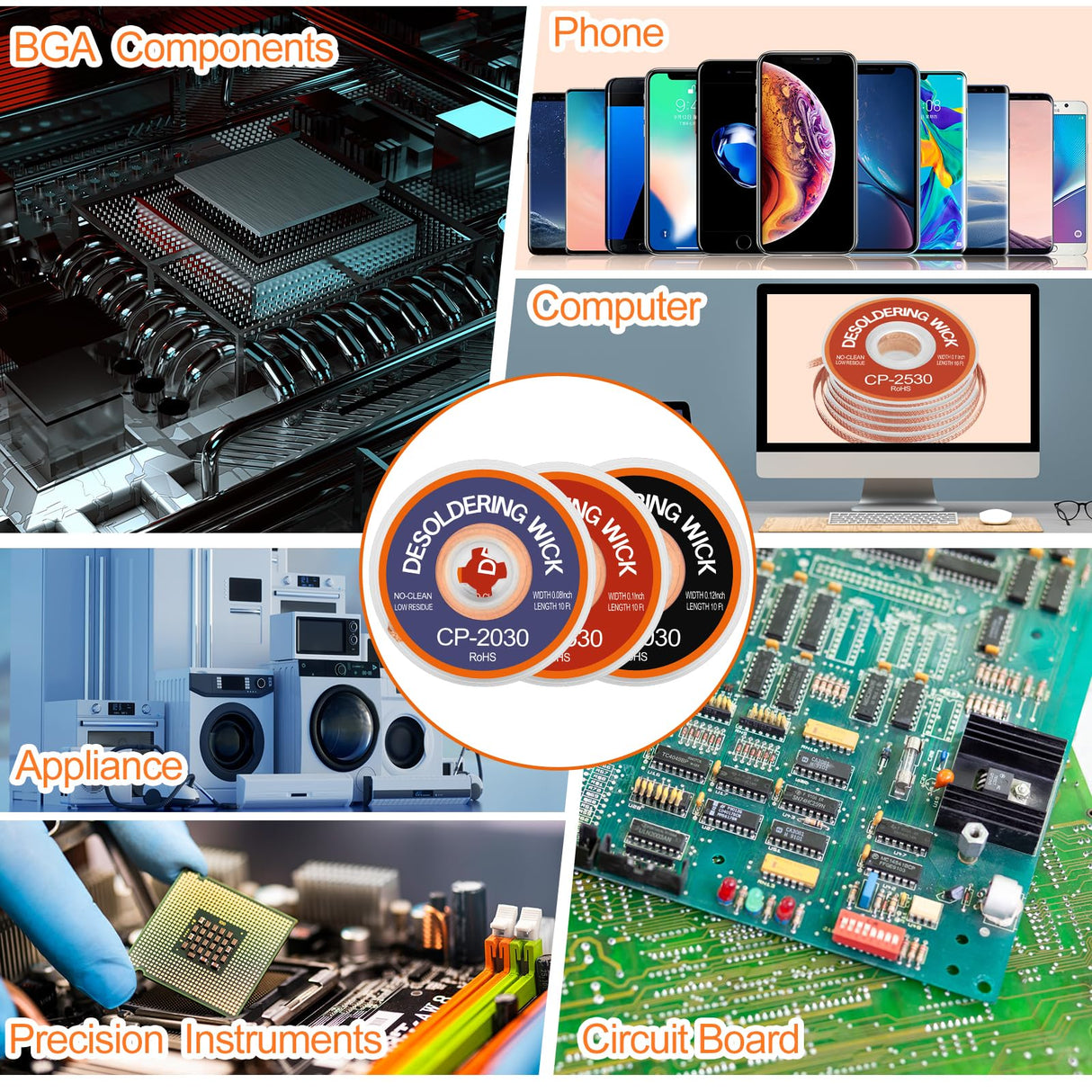 JoTownCand 3 Pcs Premium Desoldering Wick Set, 10FT No Clean Low Residue Solder Wick Braid (0.08, 0.1, 0.12IN) – Effortlessly Remove Solder and Disassemble Electronics JoTownCand