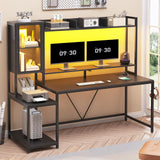 SEDETA Gaming Desk, 60'' Gaming Desk with Hutch and LED Lights, Computer Desk with Storage Shelves, Large PC Gamer Desk with Display Cabinet, Monitor Stand, Power Outlet for Home Office, Black SEDETA