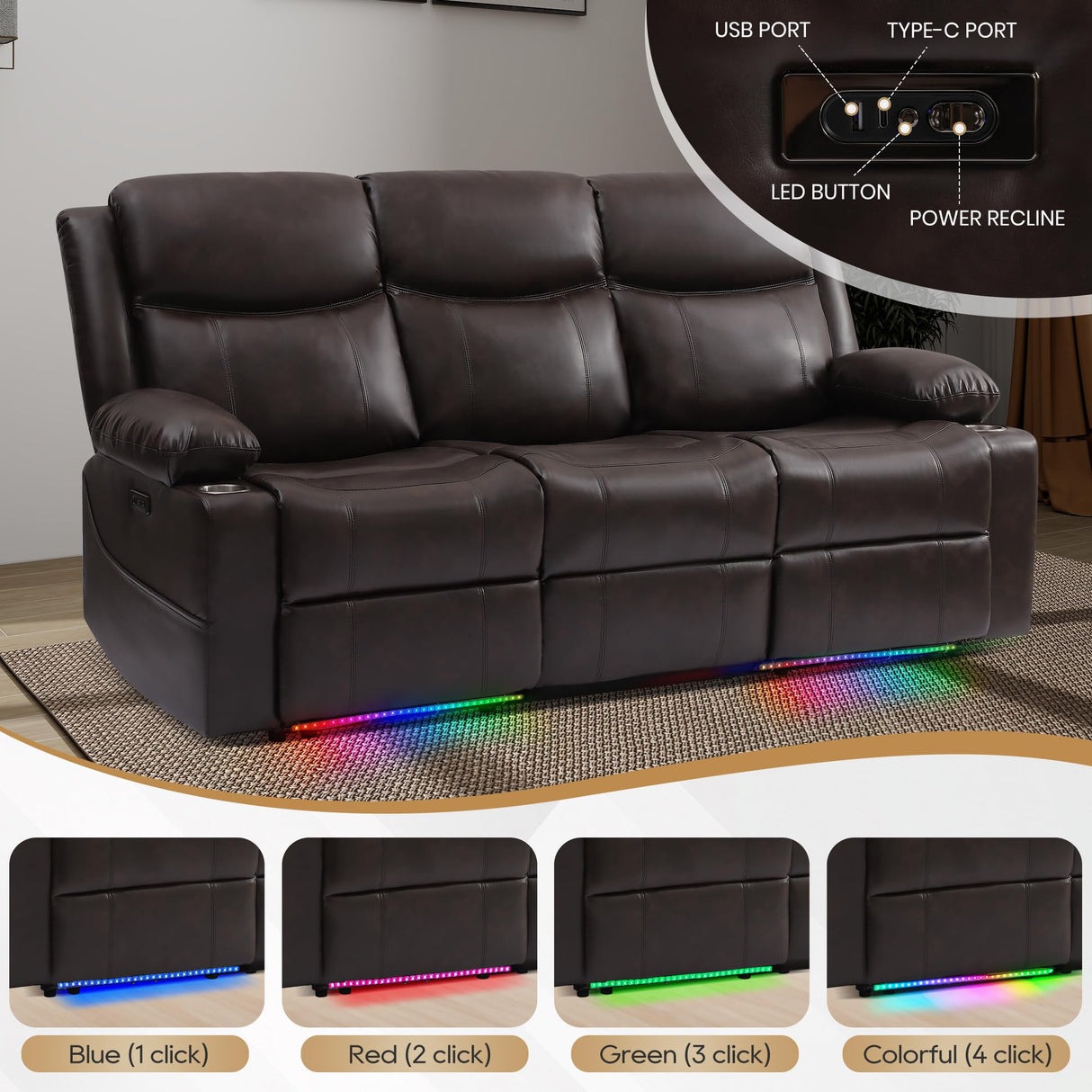 Power Recliner Sofa with LED Lights, USB Charging & Console – PU Leather Wall Hugger Couch for RV, Home Theater & Living Room Electric Reclining Sofa with Cup Holders& Zero-Wall Clearance Design LURVIA