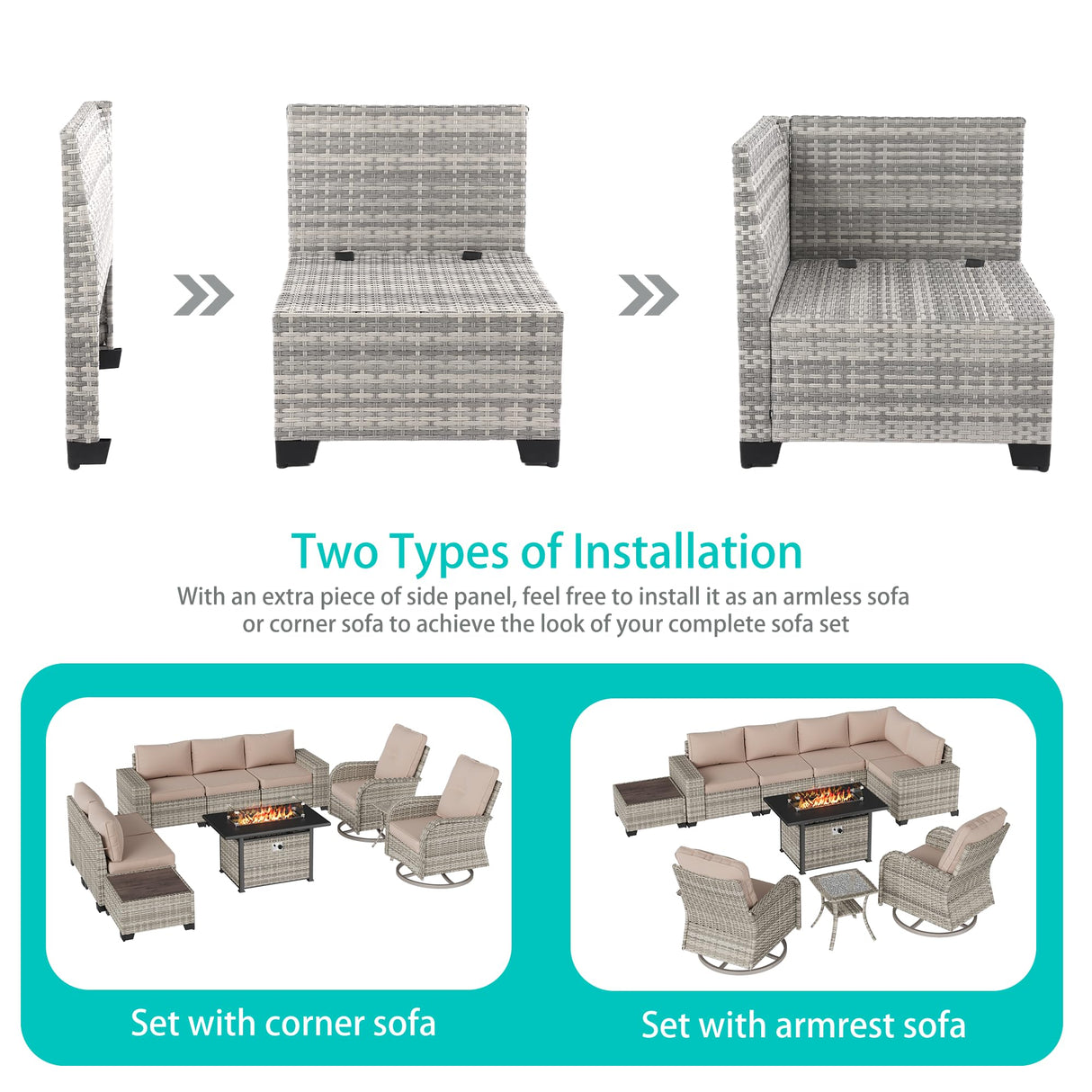 Muphyers 10-Piece Outdoor Patio Furniture Set with Rocking Swivel Chair, PE Wicker Rattan Sectional Sofa Patio Conversation Set with 55,000 BTU Fire Pit Table & Coffee Table, Sand Muphyers
