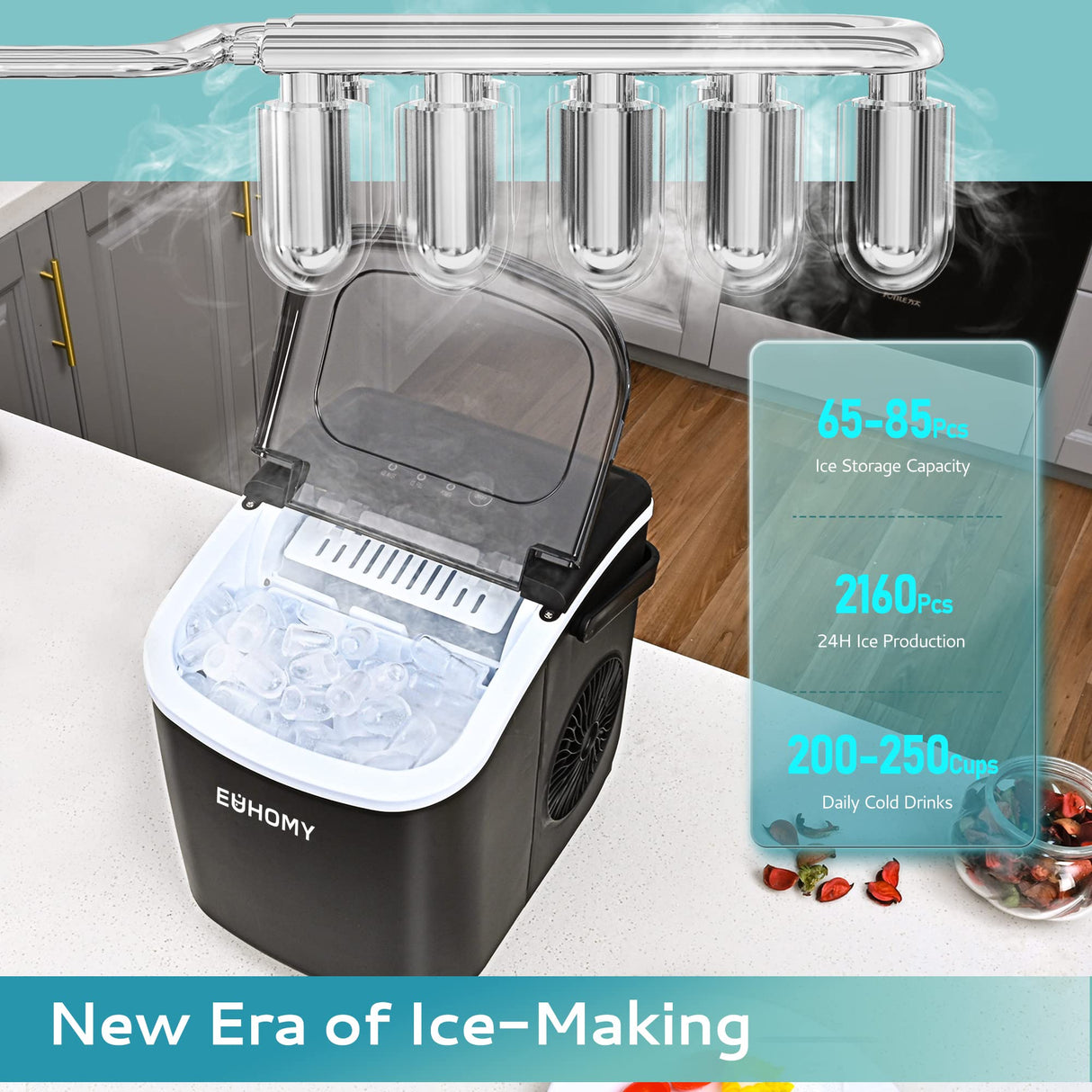 EUHOMY Countertop Ice Maker Machine with Handle, 26lbs in 24Hrs, 9 Ice Cubes Ready in 6 Mins, Auto-Cleaning Portable Ice Maker with Basket and Scoop, for Home/Kitchen/Camping/RV. (Black) EUHOMY