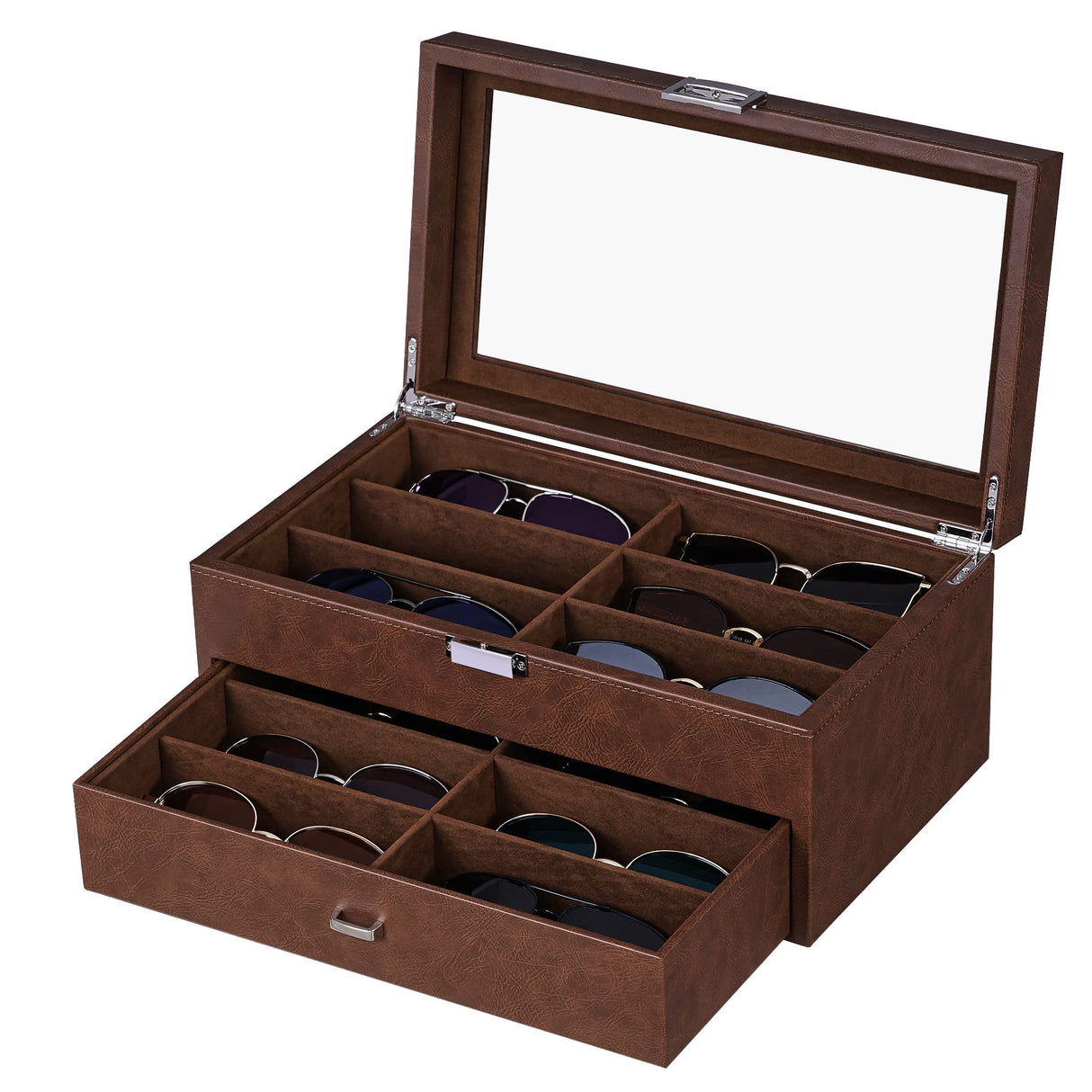 BEWISHOME Sunglasses Organizer, 12 Slots Sunglasses Case for Women Men, Eyeglasses Eyewear Display Case with Clear Glass Top, Faux Leather,Brown SSH48Z BEWISHOME