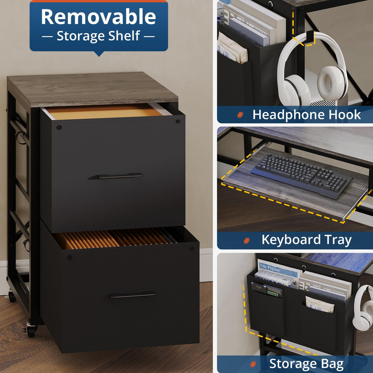 VIGKOOK L Shaped Gaming Desk, Reversible Corner Computer Desk with Power Outlet & Led Strip Home Office Desks Drawer File Cabinet Keyboard Tray (Dark Grey, 67in) VIGKOOK