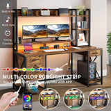 DWVO Computer Desk with Drawers & Hutch, 59.1" Office Desk with Power Outlets & LED Lights, Home Office Desk with Storage Shelves, Rustic Brown DWVO