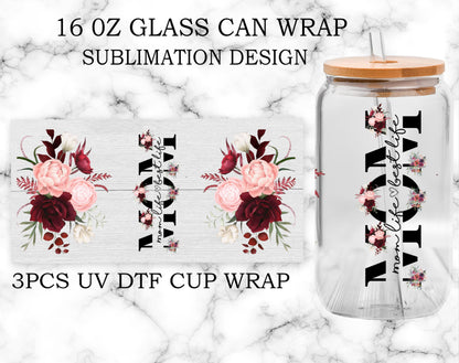 UV DTF Glass Cup Wrap Transfer Decal-3PCS Sublimation Design Mom Life Flower Craft Wrap Transfers Mama Flower Waterproof Decal for 16oz Glass Cups, Ceramic Mug DIY Crafts, Gifts for Mom