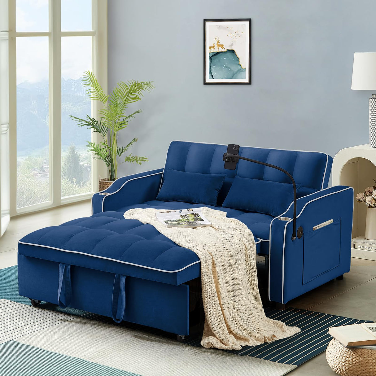 Sleeper Sofa Couch Bed with USB & Type C Port, Modern 3-in-1 Convertible Velvet Pull Out Loveseat Futon Sofa w/Phone Holder/Cup Holder for Living Room Apartment, Adjustable Backrest, Blue Antetek