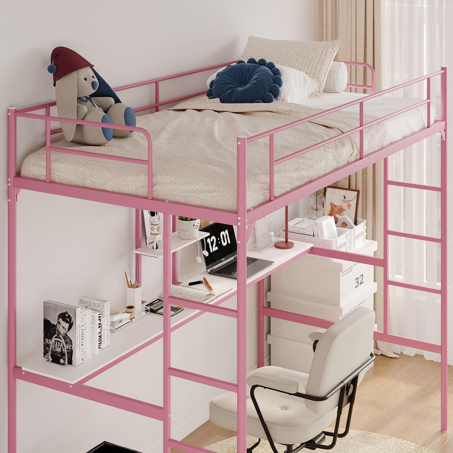 MOOITZ Twin Size Loft Bed with Desk, Multifunctional Metal Loft Bed Frame with Ladder and Full Guardrail, Space-Saving, Noise Free, Modern Industrial Style, (Pink, Twin Size Loft Bed with Desk)