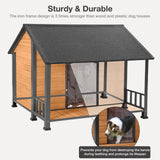 MEDEHOO Outdoor Weatherproof Dog House - Easy to Assemble Puppy Shelter with All-Around Iron Frame & Fir Wood - Ideal for Large Dog Breed MEDEHOO