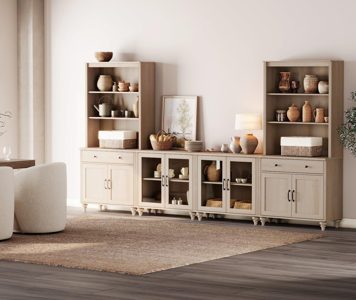 WAMPAT Entertainment Center with Bookshelves for TVs up to 75", Farmhouse Wall Unit TV Stand with Glass Doors & Drawer, Media Console Table for Living Room, Bedroom & Home Theater, Beige WAMPAT