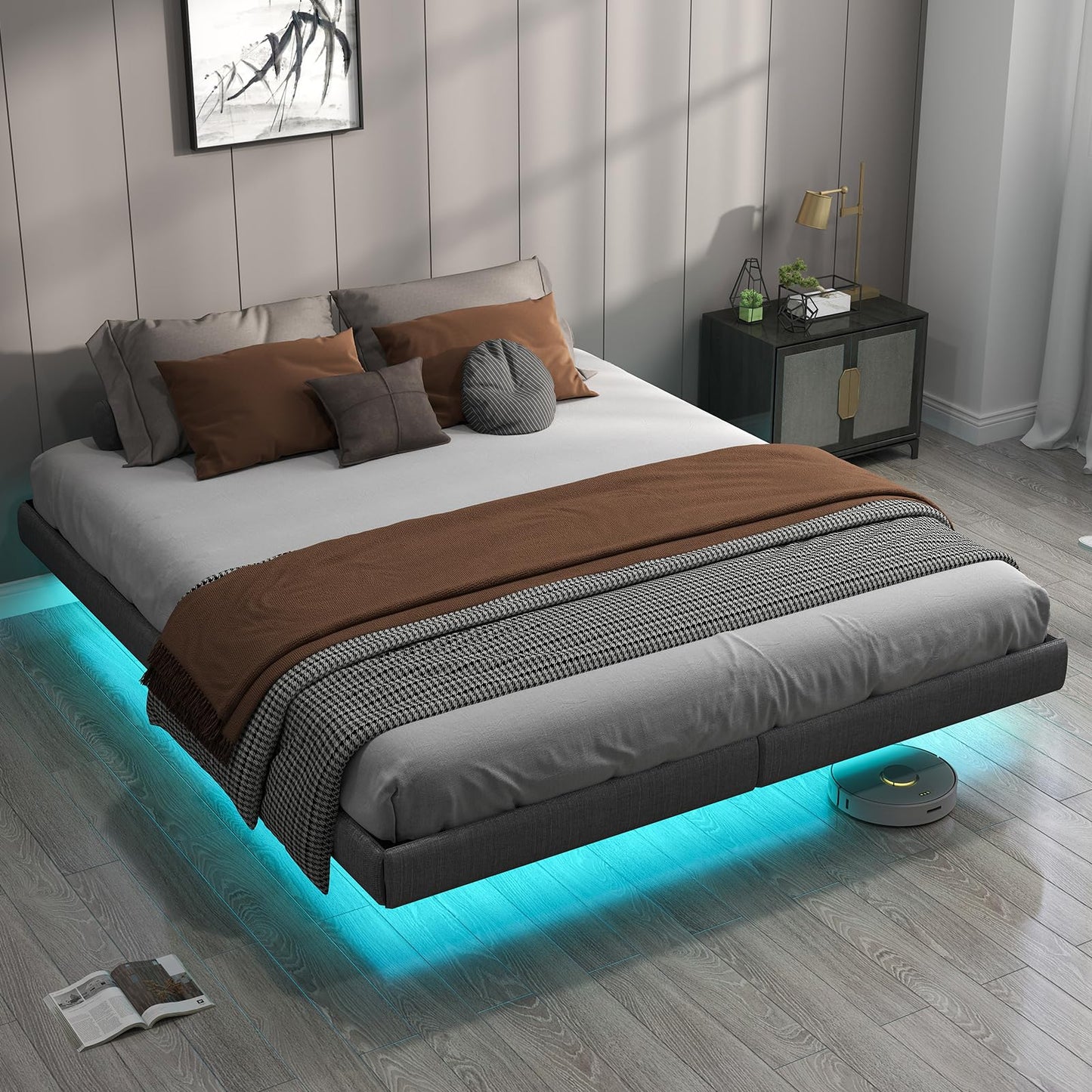 RVONOW King Size Floating Bed Frame with LED Lights and Under Bed Storage - Metal Platform Design, Noise-Free Assembly - WoodArtSupply