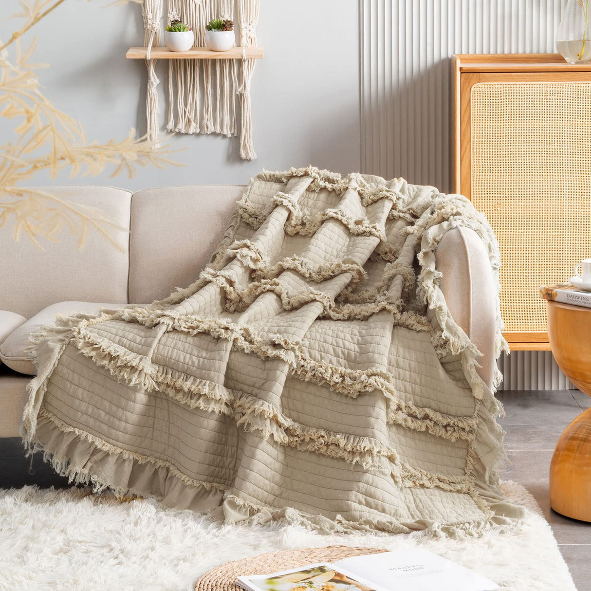 Ultra Soft Pre-Washed Quilted Boho Throw Blanket, Ruffle Fringed Beige Decorative Throw, Stone Washed Chic Rustic Blanket for Sofa Couch Bed Chair, 50"x 60" HORIMOTE HOME