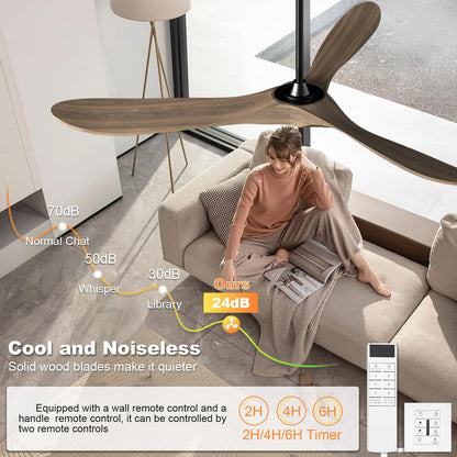 60 Inch Solid Wood Ceiling Fan No Light,Propeller Outdoor Ceiling Fans Without Lights with Wall Switch and Remote Control,Quiet DC Motor,3 Blades Ceiling Fan for Patios,Living Room,Bedroom