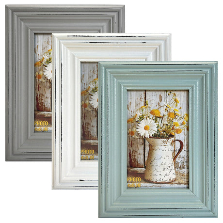 Vintage 4x6 Inches Wooden Picture Frame Pack of 3 Farmhouse Aqua Grey White - Rustic Thick Wood High Definition Glass Photo Frame Outside 6x8 Inches - 2 Ways Display Tabletop or Wall Mounted EXQUIDECA