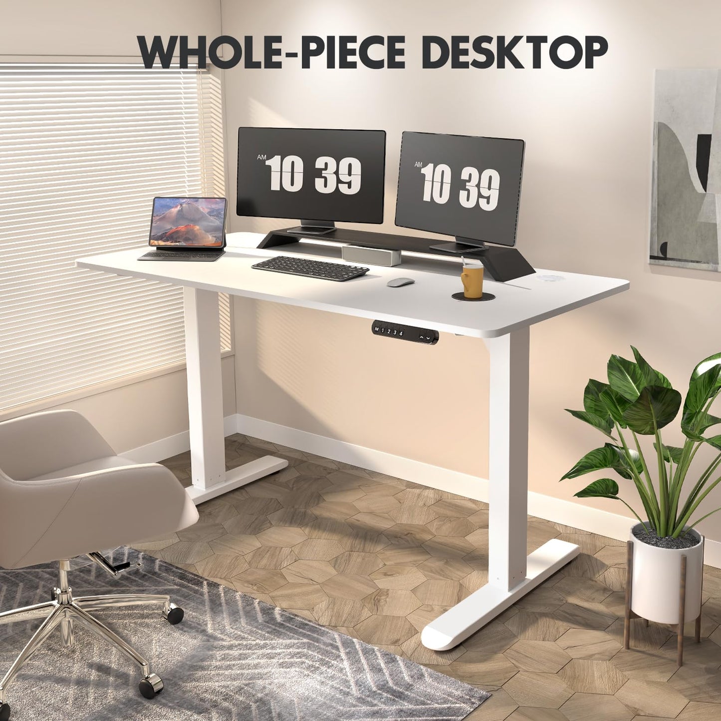 ERGOMORE Electric Standing Desk with 48x24 Inches Whole-Piece Desktop, Adjustable Height Desk with 4 Memory Presets for Home Office (White) - WoodArtSupply