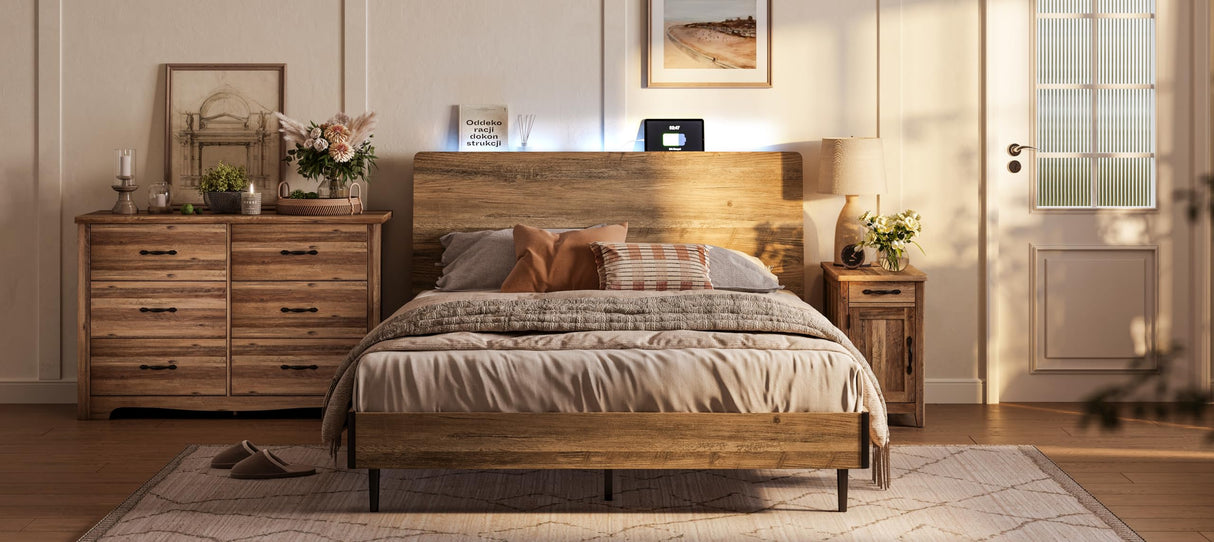 LINSY Full Size Bed Frame with Ergonomic Headboard, RGB Lights, Charging Station & Storage, Brown Farmhouse Design LINSY