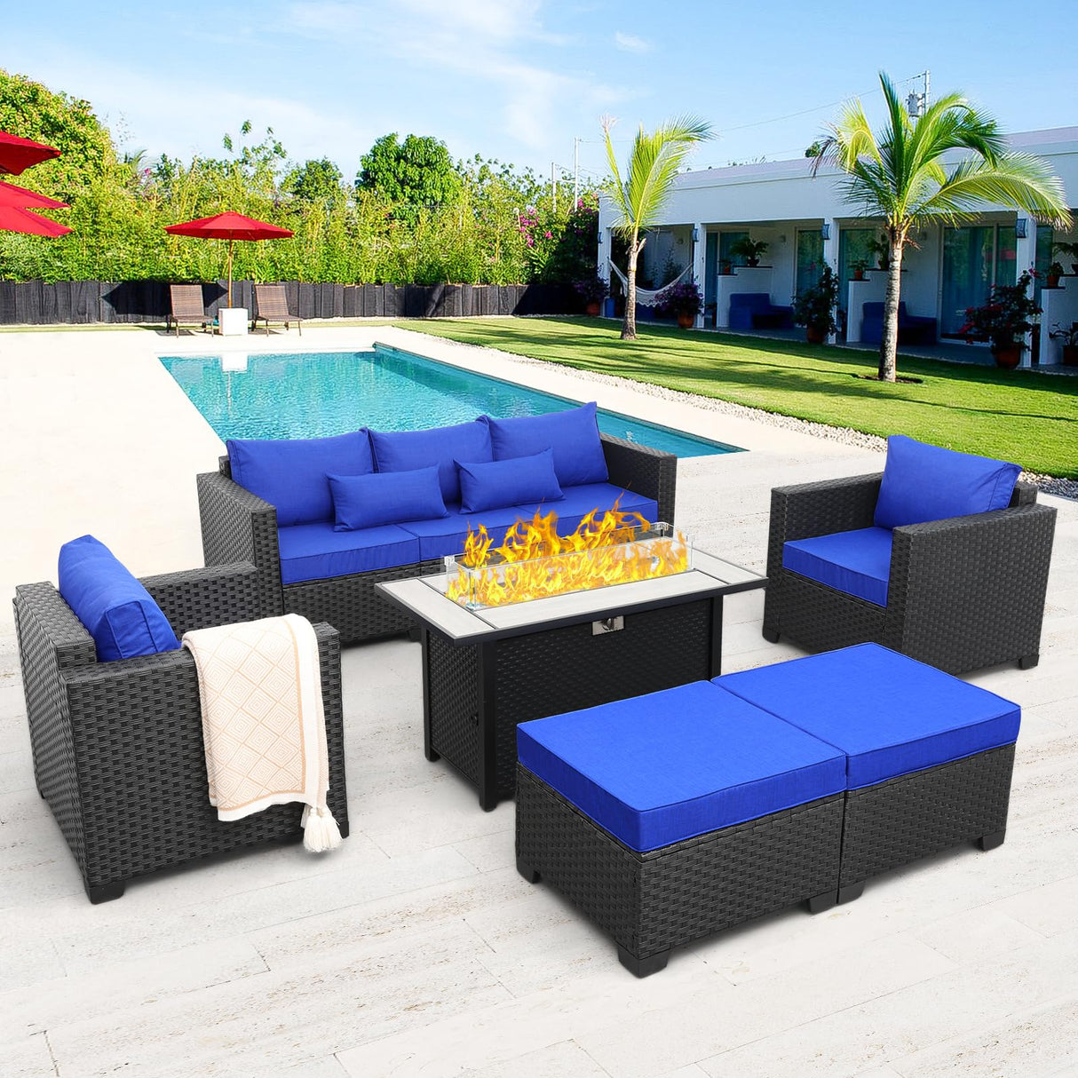 Rattaner Outdoor Patio Furniture 60000 BTU Outdoor Propane Fire Pit Table Patio Furniture Set 45" Outdoor Fire Pits 6 Pieces Patio Sofa Outdoor Chairs Anti-Slip Cushions Waterproof Covers, Royal Blue Rattaner