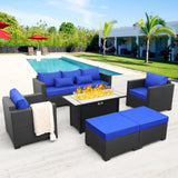 Rattaner Outdoor Patio Furniture 60000 BTU Outdoor Propane Fire Pit Table Patio Furniture Set 45" Outdoor Fire Pits 6 Pieces Patio Sofa Outdoor Chairs Anti-Slip Cushions Waterproof Covers, Royal Blue Rattaner