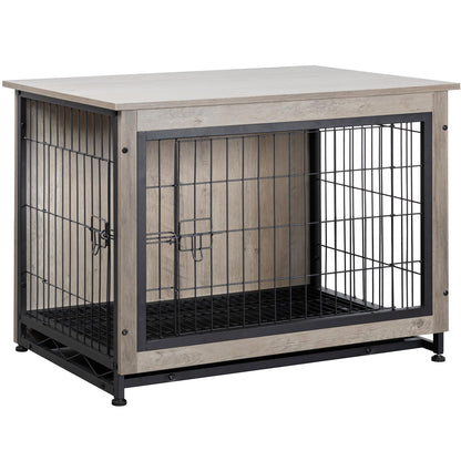 Shintenchi Wooden Dog Crate Furniture for Large Dog, L Double-Door Kennel Indoor with Removable Tray, End Table L Dog Crate for Decoration, 38" L*25" W*26" H, Grey